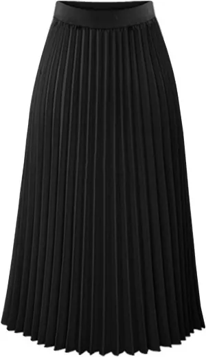 Women's Pleated Flare Midi Skirt High Waist Stretch A-Line Swing Skirts Flowy Elegant Party Casual Solid Dress
