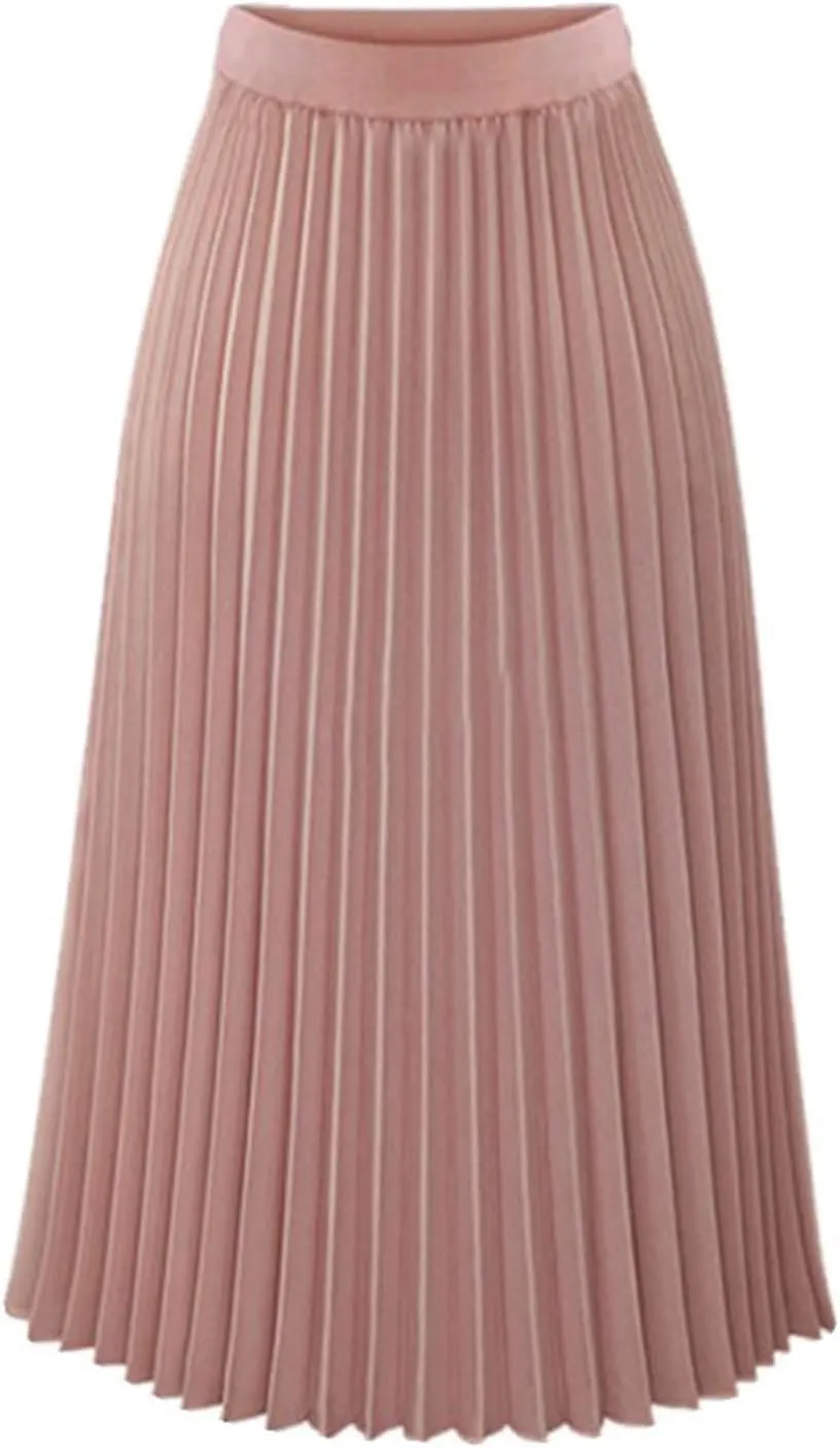 Women's Pleated Flare Midi Skirt High Waist Stretch A-Line Swing Skirts Flowy Elegant Party Casual Solid Dress