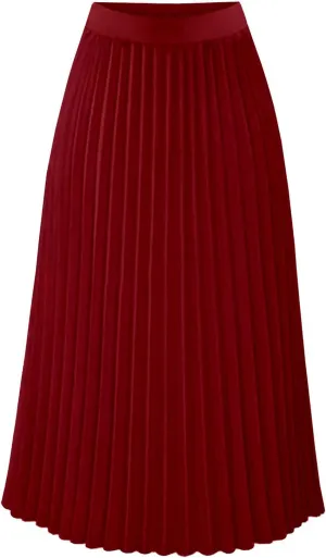 Women's Pleated Flare Midi Skirt High Waist Stretch A-Line Swing Skirts Flowy Elegant Party Casual Solid Dress