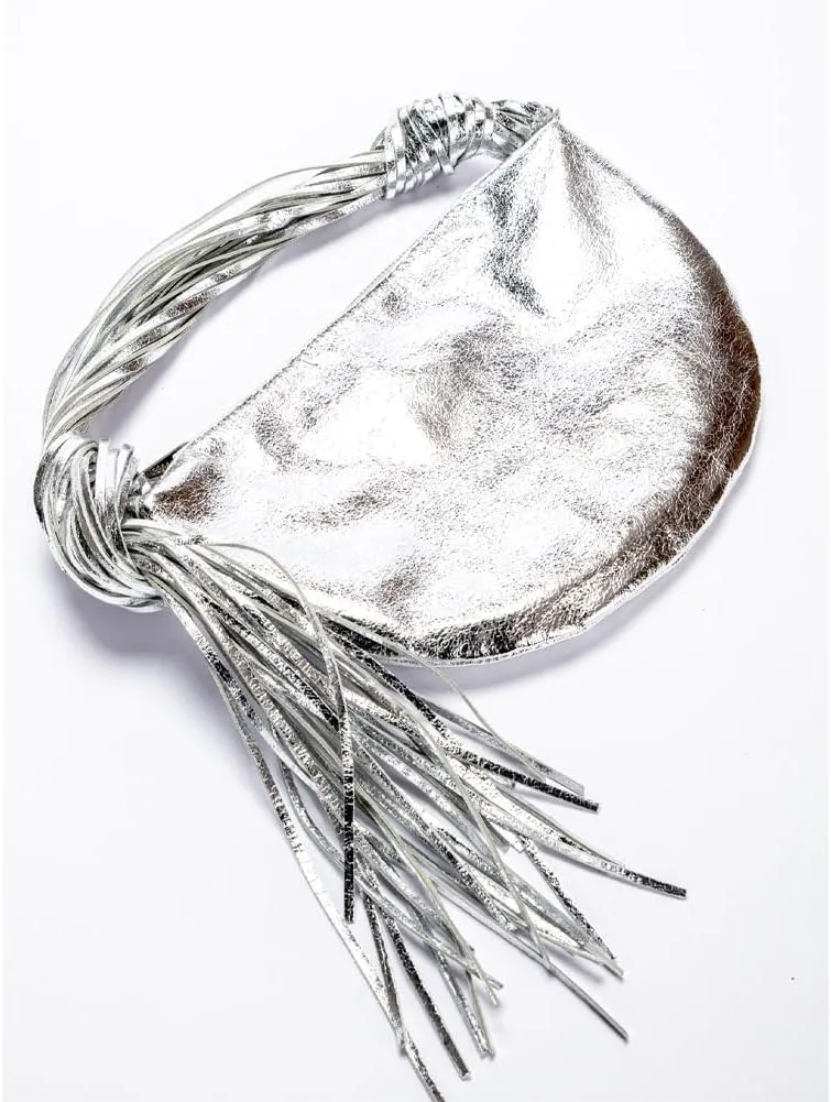 Women's PU Leather Clutch Handbags Silver Metallic Purse Tassel Design Top Handle Crescent Bag