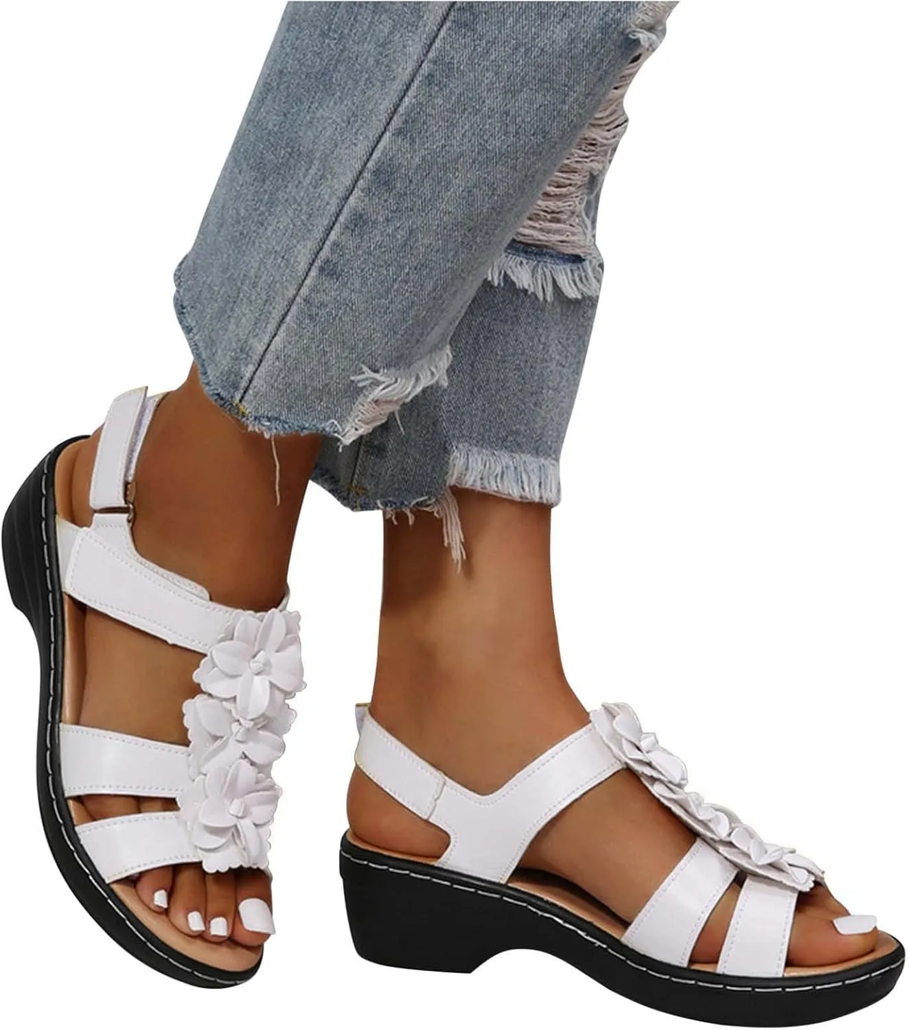 Womens Sandals Ankle Strap Summer Beach Sandals Comfort Walking Shoes Bohemian Flowers Dressy Casual Flats Footwear