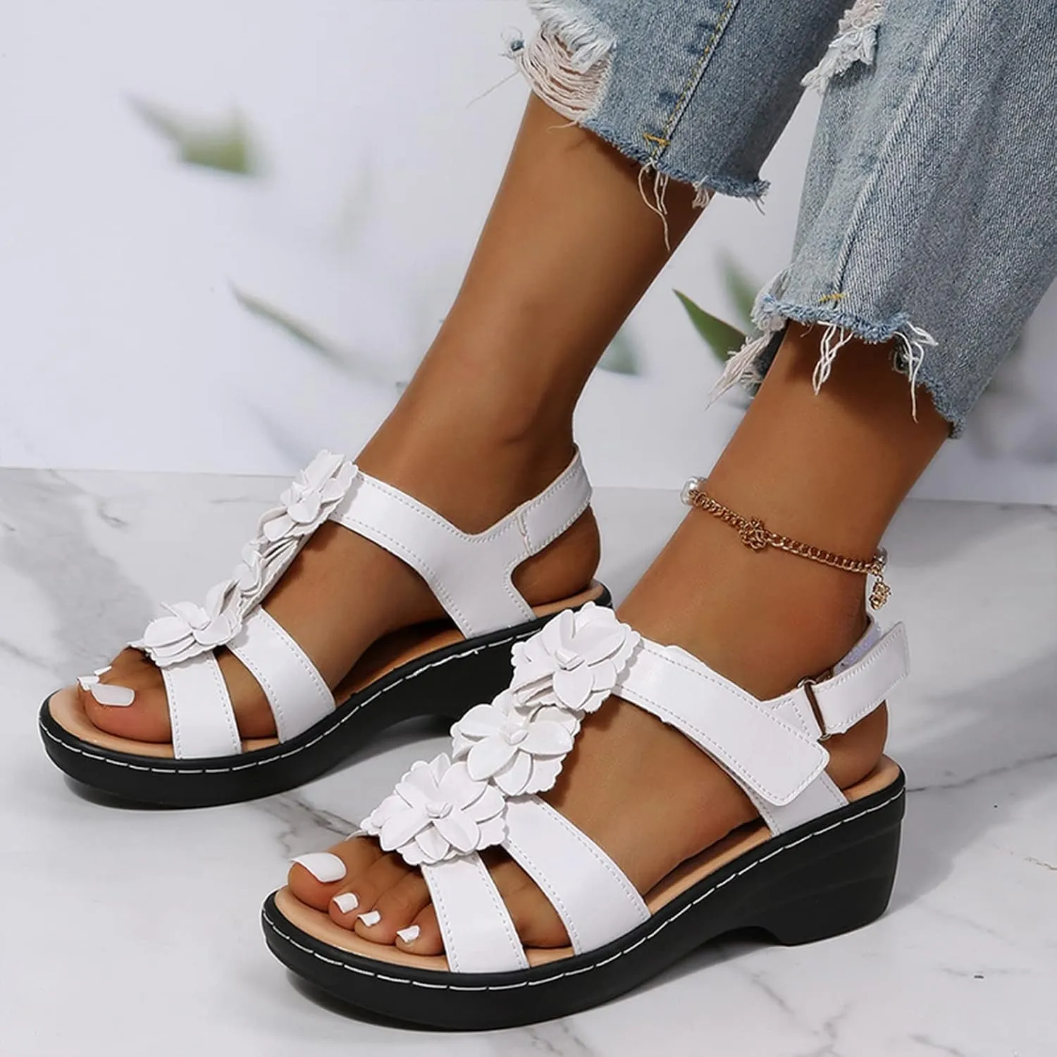 Womens Sandals Ankle Strap Summer Beach Sandals Comfort Walking Shoes Bohemian Flowers Dressy Casual Flats Footwear