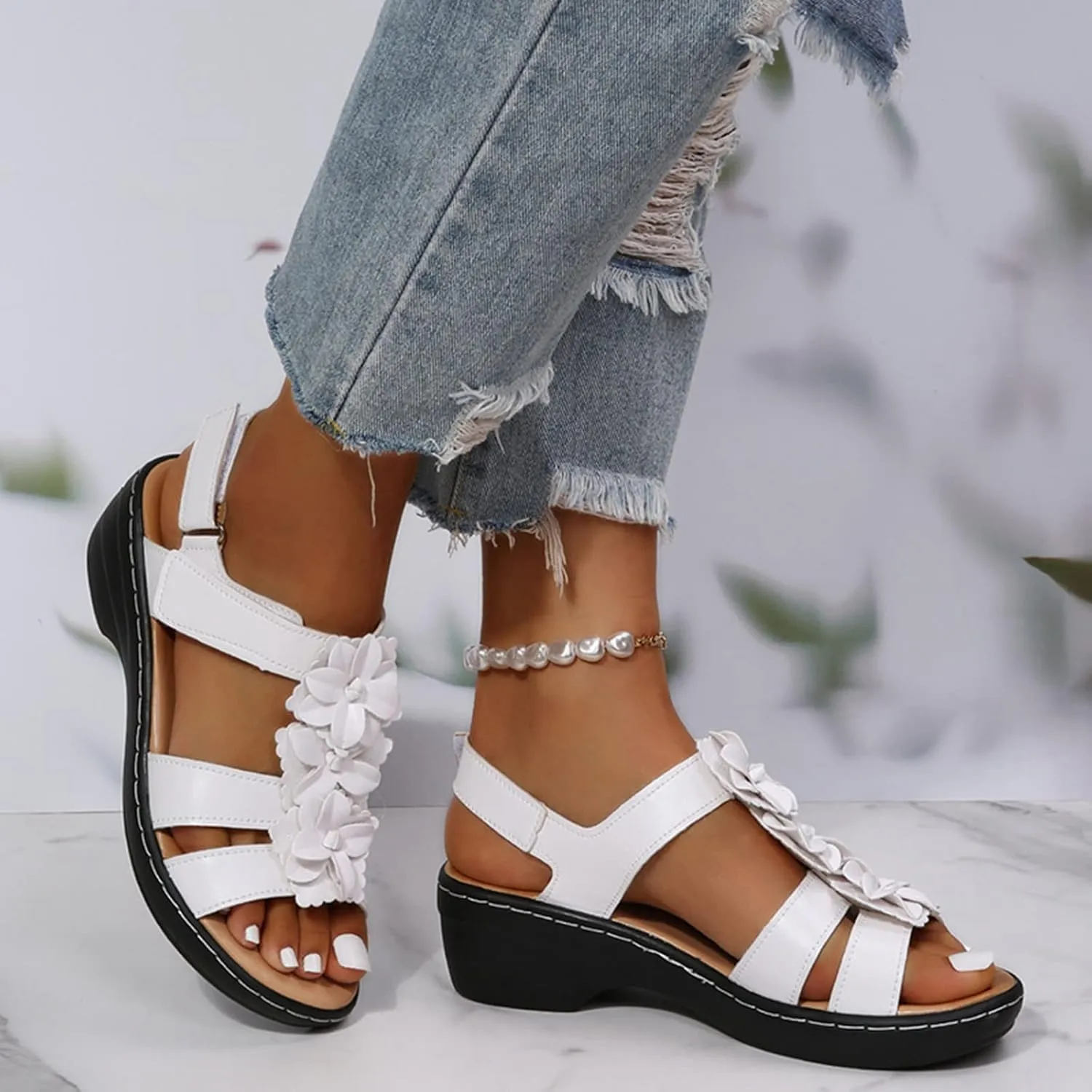 Womens Sandals Ankle Strap Summer Beach Sandals Comfort Walking Shoes Bohemian Flowers Dressy Casual Flats Footwear