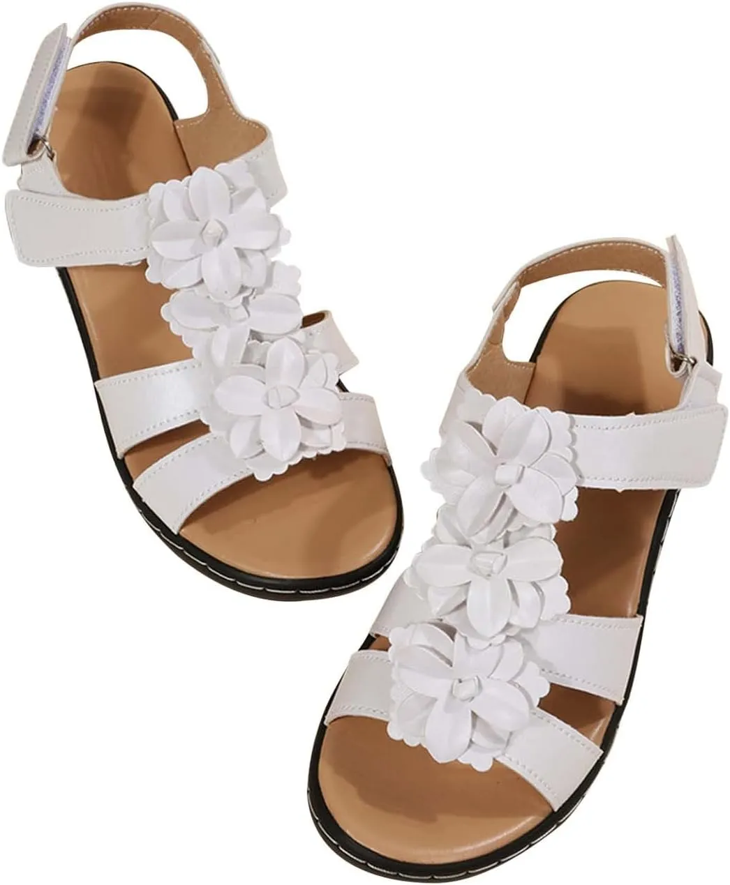 Womens Sandals Ankle Strap Summer Beach Sandals Comfort Walking Shoes Bohemian Flowers Dressy Casual Flats Footwear
