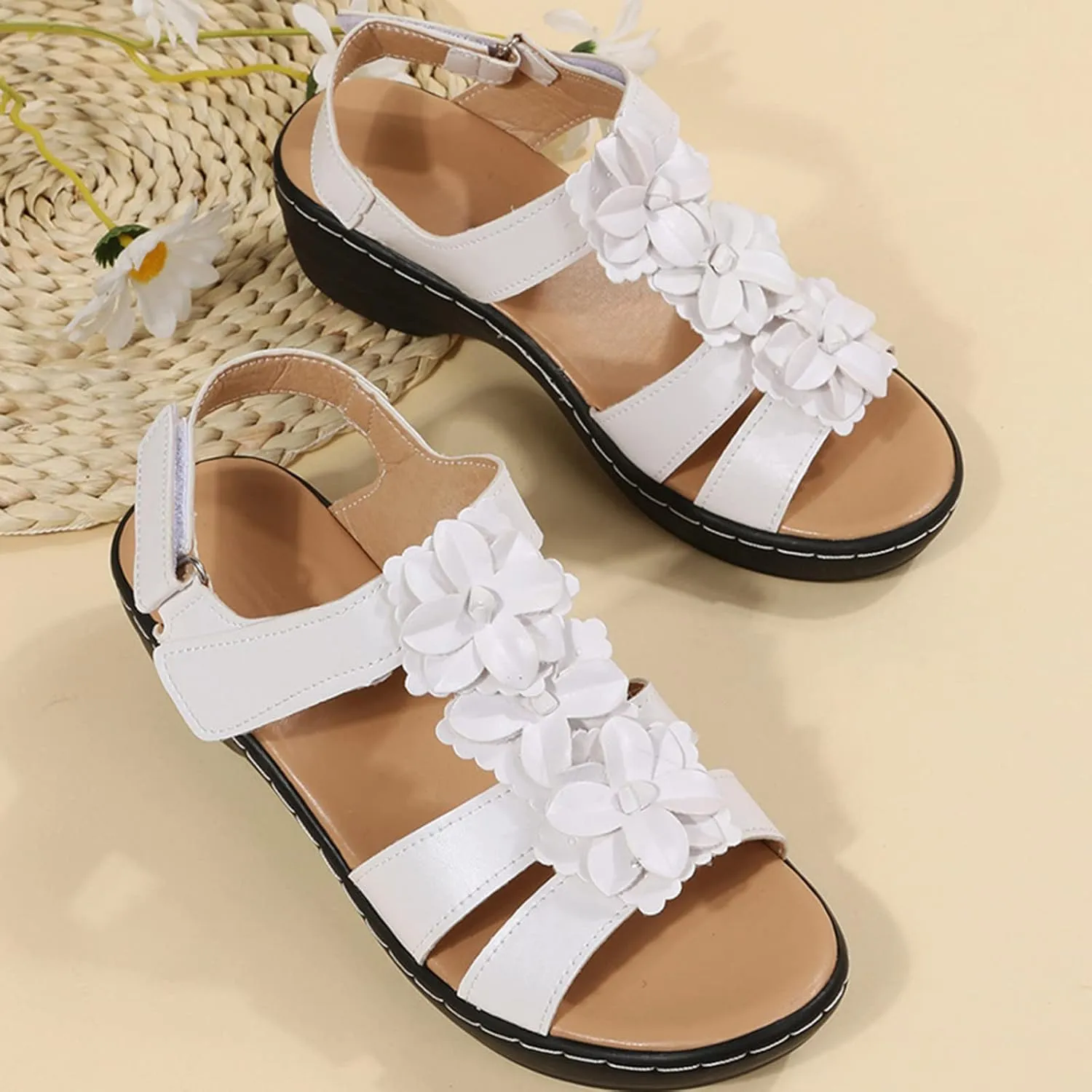 Womens Sandals Ankle Strap Summer Beach Sandals Comfort Walking Shoes Bohemian Flowers Dressy Casual Flats Footwear