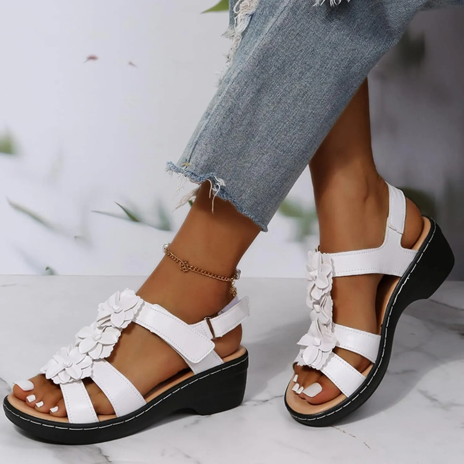 Womens Sandals Ankle Strap Summer Beach Sandals Comfort Walking Shoes Bohemian Flowers Dressy Casual Flats Footwear