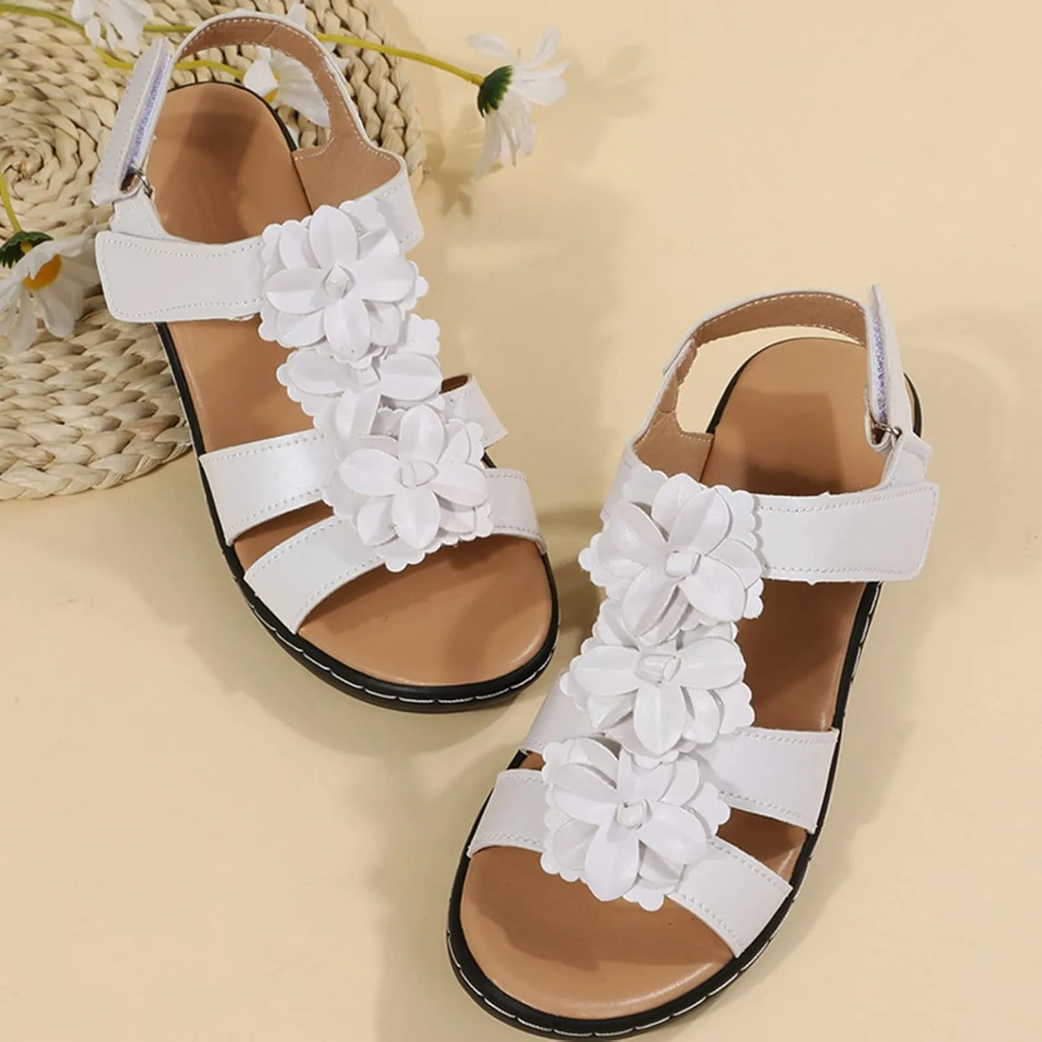 Womens Sandals Ankle Strap Summer Beach Sandals Comfort Walking Shoes Bohemian Flowers Dressy Casual Flats Footwear