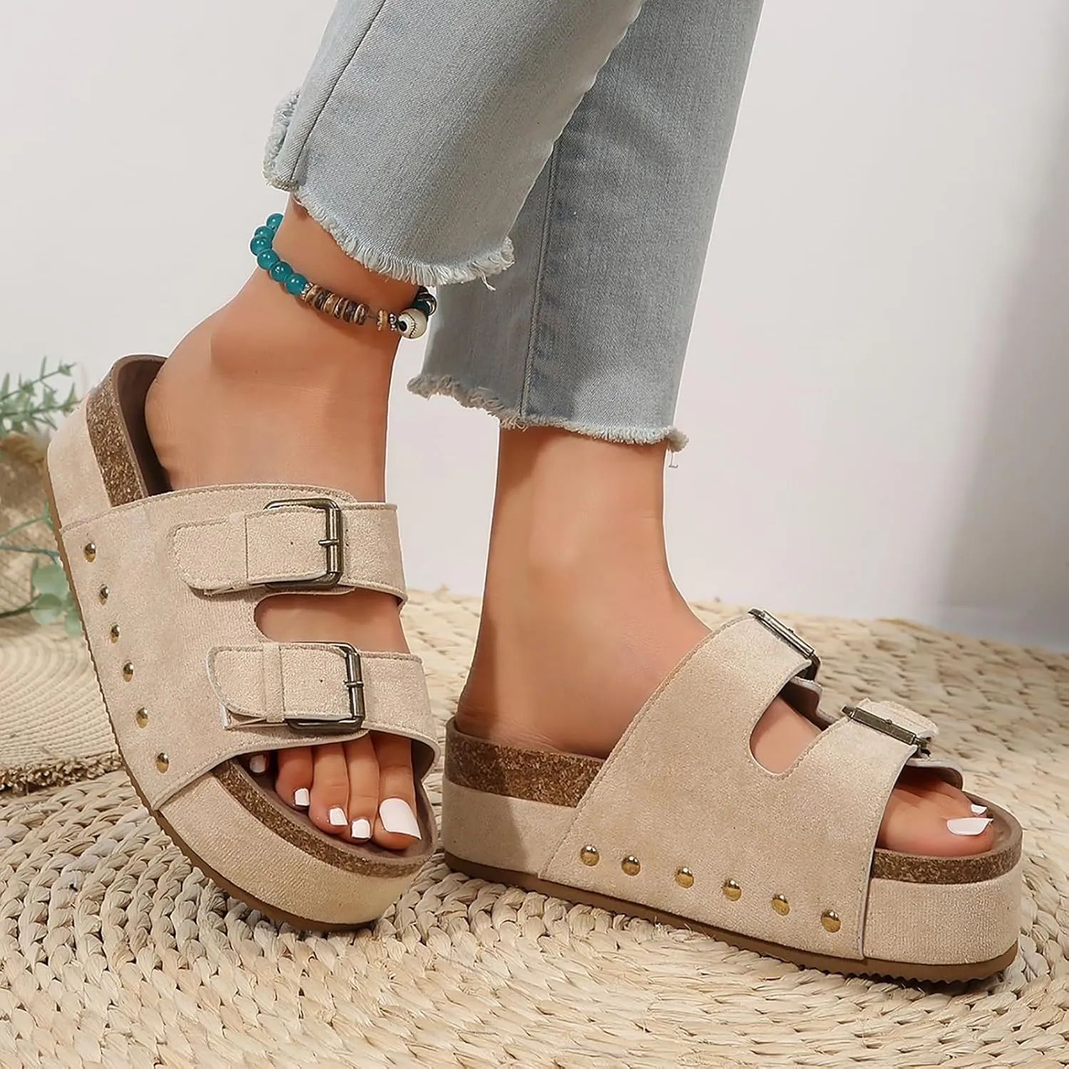 Womens Sandals Comfortable Dressy 2 Adjustable Buckle Slippers Sandal With Arch Support Slip On Outdoor Slipper Wedge Flats