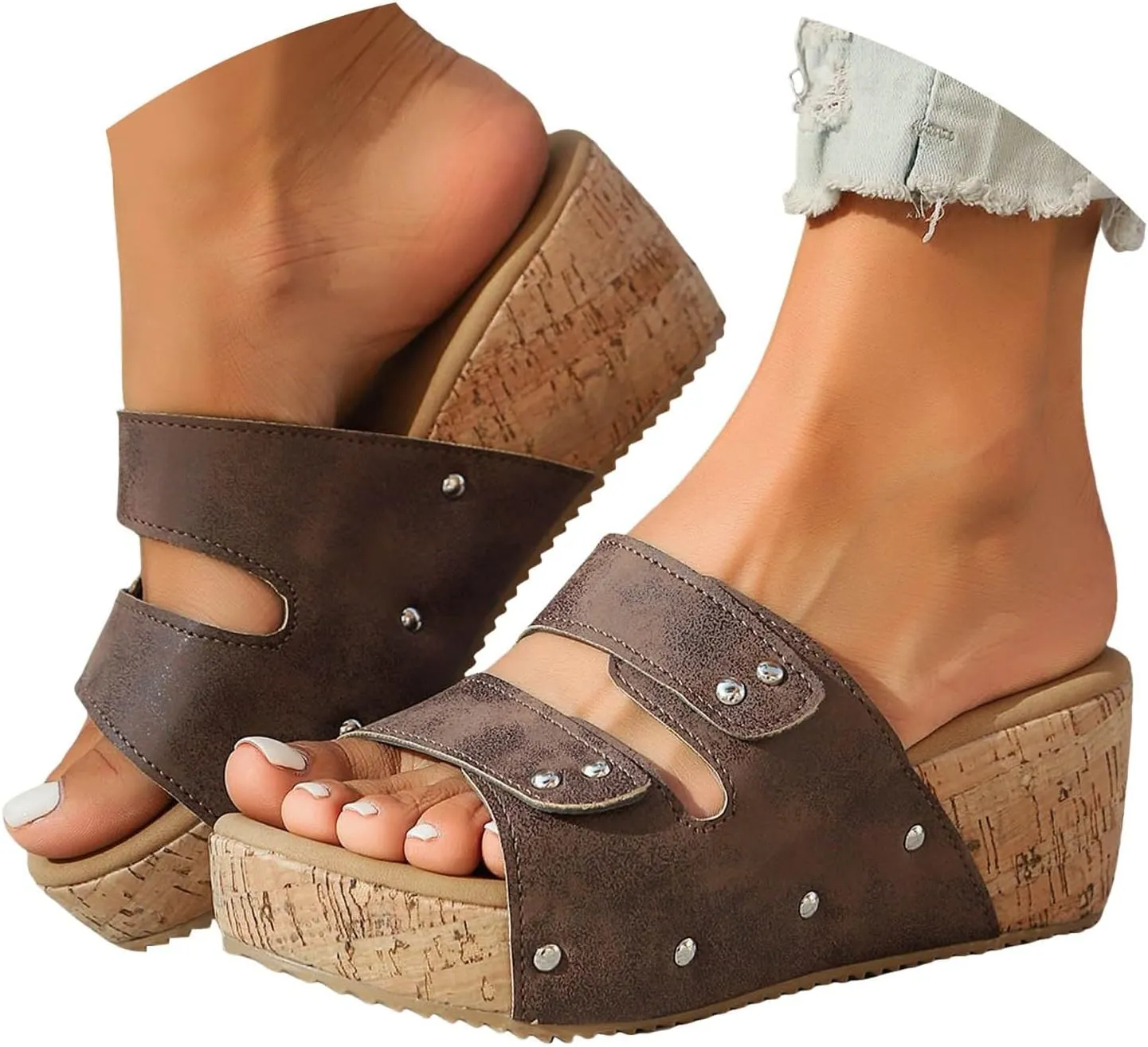 Womens Sandals Comfortable Dressy 2 Adjustable Buckle Slippers Sandal With Arch Support Slip On Outdoor Slipper Wedge Flats