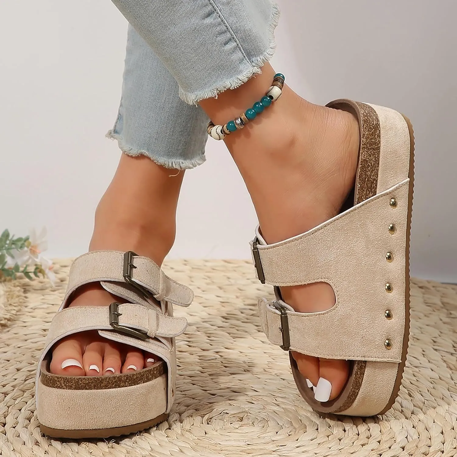 Womens Sandals Comfortable Dressy 2 Adjustable Buckle Slippers Sandal With Arch Support Slip On Outdoor Slipper Wedge Flats