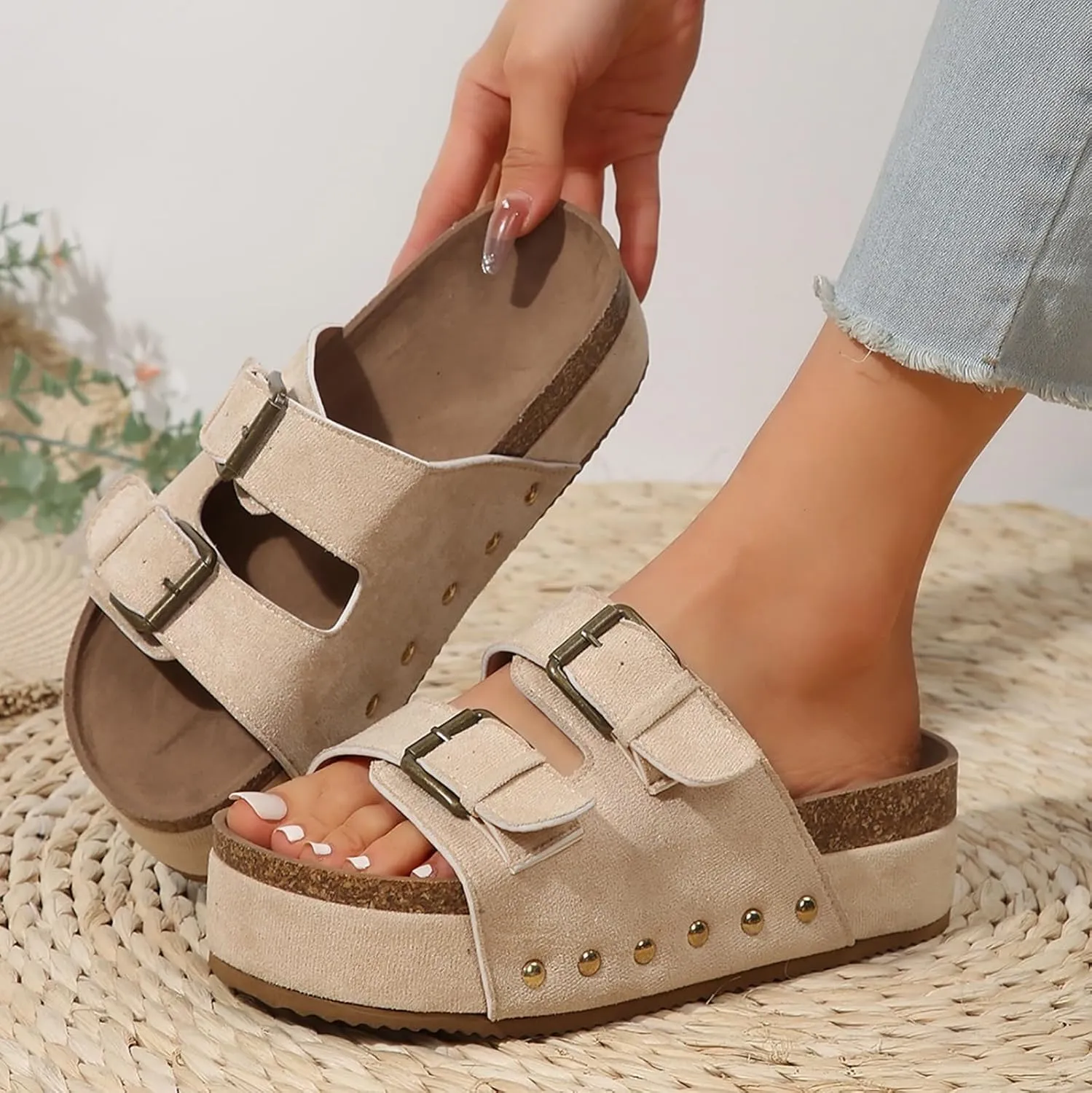 Womens Sandals Comfortable Dressy 2 Adjustable Buckle Slippers Sandal With Arch Support Slip On Outdoor Slipper Wedge Flats