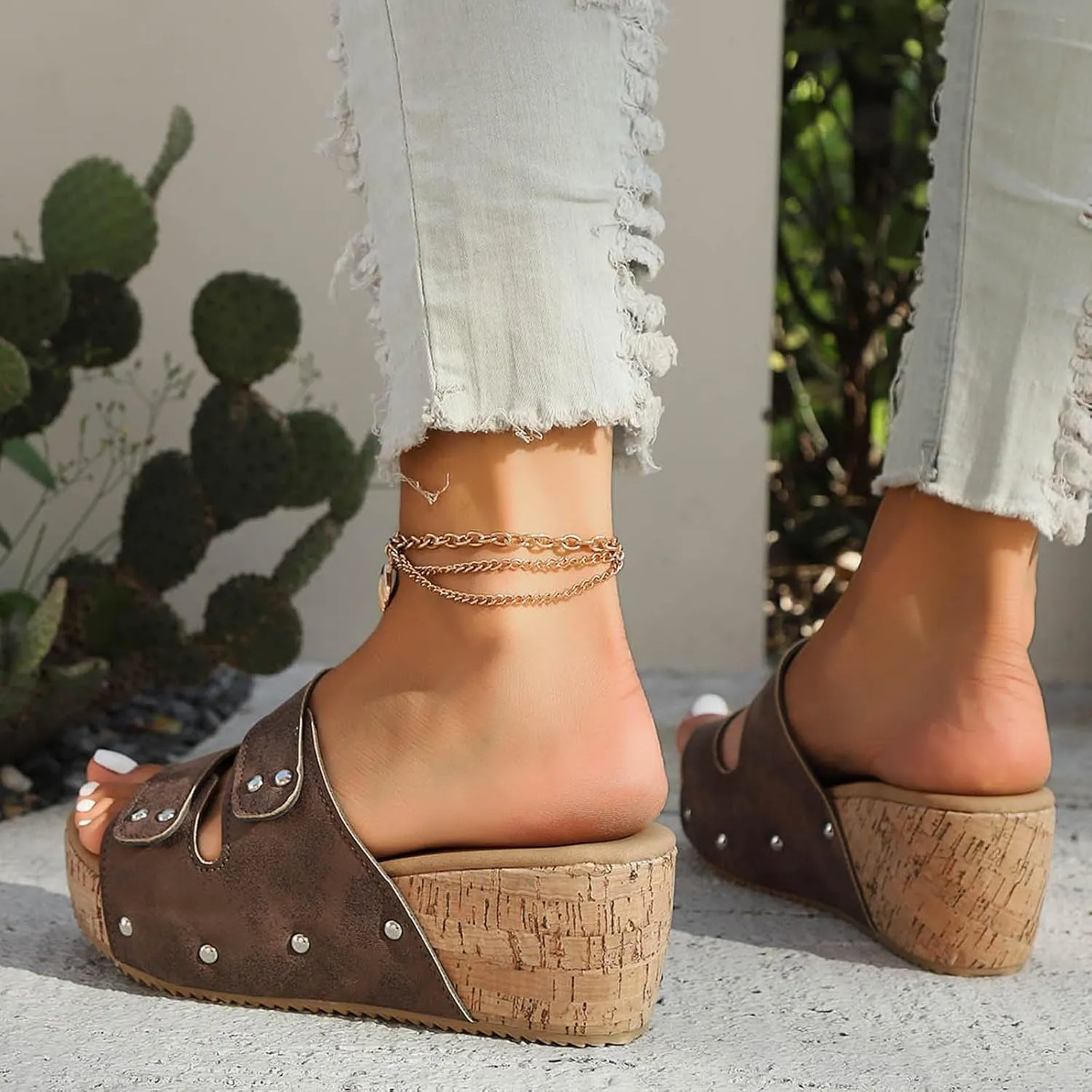 Womens Sandals Comfortable Dressy 2 Adjustable Buckle Slippers Sandal With Arch Support Slip On Outdoor Slipper Wedge Flats