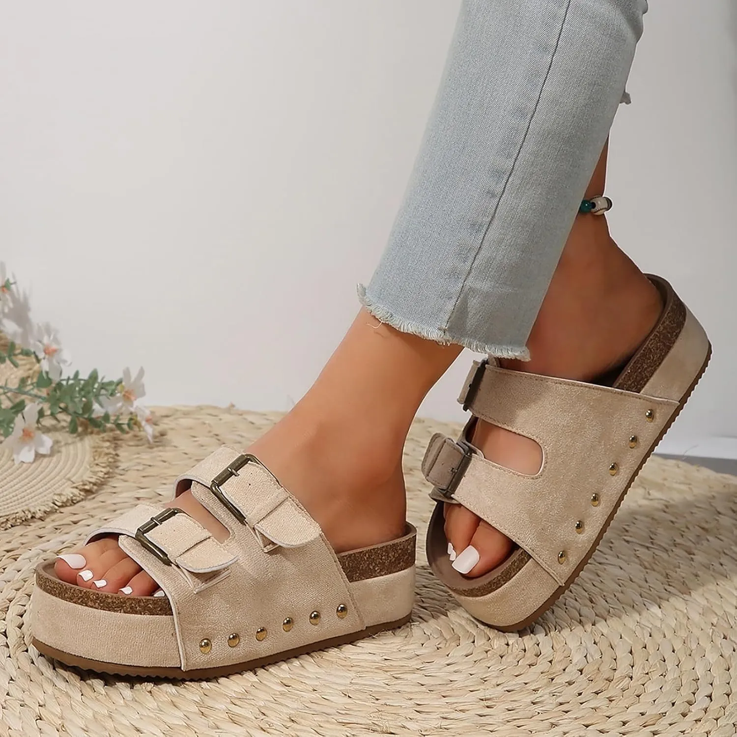 Womens Sandals Comfortable Dressy 2 Adjustable Buckle Slippers Sandal With Arch Support Slip On Outdoor Slipper Wedge Flats