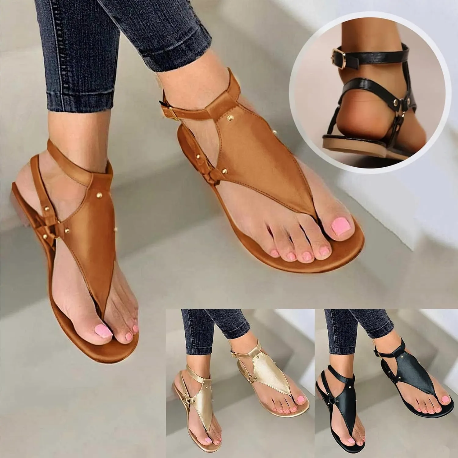 Womens Sandals Flats Shoes Summer Beach Bohemian Ankle Walking Strap Casual Flip Flops Comfortable Casual Slip on Beach Flat Sandal
