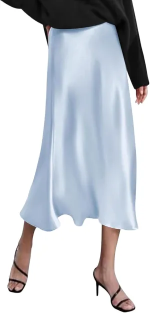 Womens Satin High Waist Skirt Summer Silk Elegant A Line Long Skirts 2025 Sexy Cocktail Party Wedding Midi Skirt