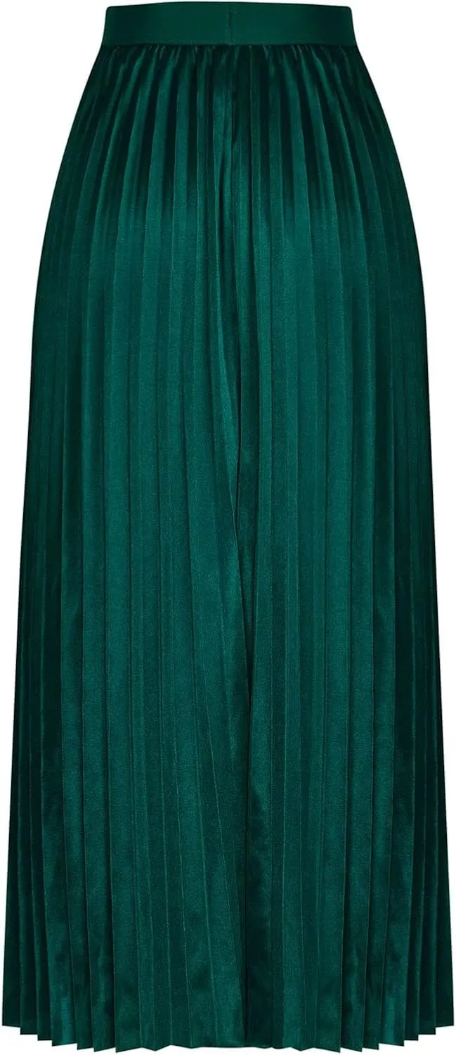 Women's Satin Pleated Skirt Elastic Waist Solid Color Maxi Skirts Plus Size Loose Elegant Long Skirt Casual Skirt