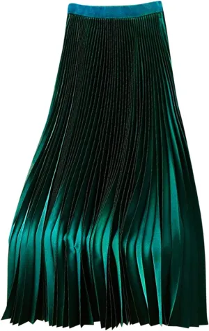Women's Satin Pleated Skirt Elastic Waist Solid Color Maxi Skirts Plus Size Loose Elegant Long Skirt Casual Skirt