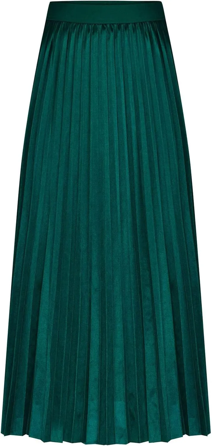 Women's Satin Pleated Skirt Elastic Waist Solid Color Maxi Skirts Plus Size Loose Elegant Long Skirt Casual Skirt