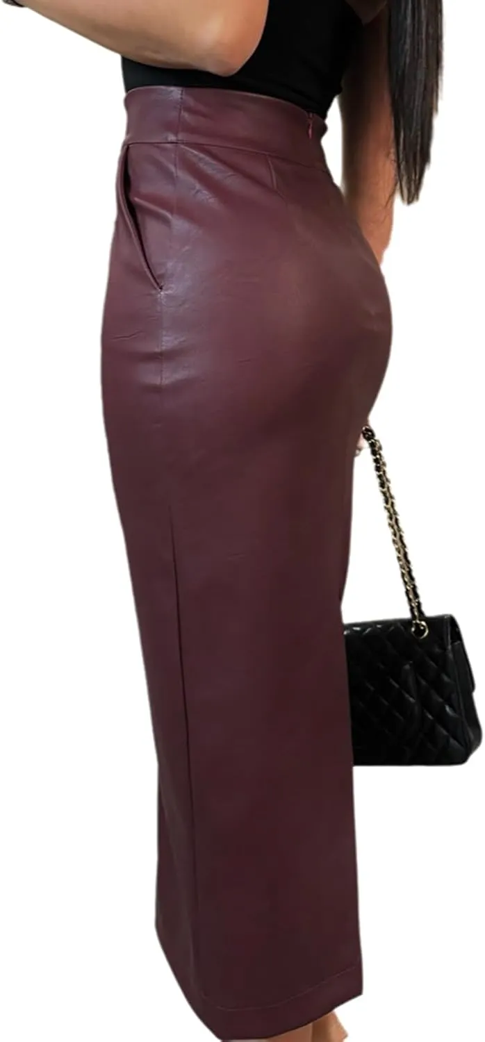 Women's Sexy Bodycon Faux Leather Skirt High Waisted Split Slim Fit Pencil Midi Long Skirt
