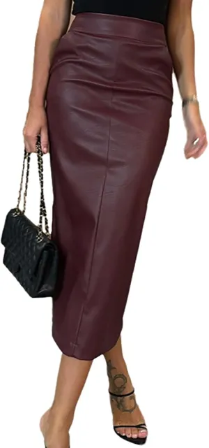 Women's Sexy Bodycon Faux Leather Skirt High Waisted Split Slim Fit Pencil Midi Long Skirt