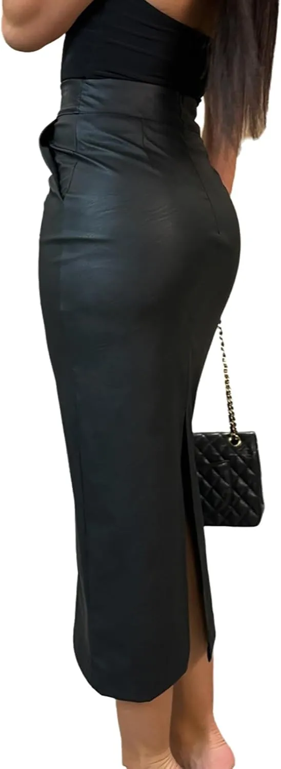 Women's Sexy Bodycon Faux Leather Skirt High Waisted Split Slim Fit Pencil Midi Long Skirt