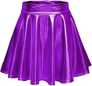 Womens Shiny Flared Pleated Short Mini Skater Skirt High Waisted A-Line Dance Skirt for Nightclub Costumes Clubwear