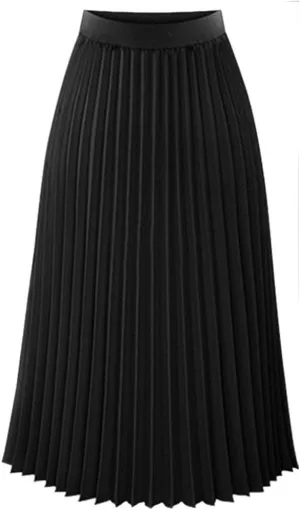 Womens Skirt Solid Print Midi Long Shirring Skirts High Waisted Flowy Pleated Skirt Chiffon Swing A-line Skirts