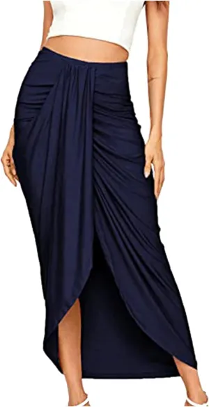 Womens Skirts Midi Length Basic Pleated High Waisted Wrap Ruched Bodycon Trendy Summer Asymmetrical Pencil Skirt