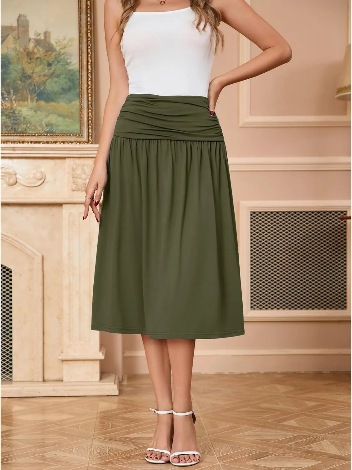 Women's Skirts Stretchy High Waist Flowy Knit Skirt for Women with Pockets(S-2XL)