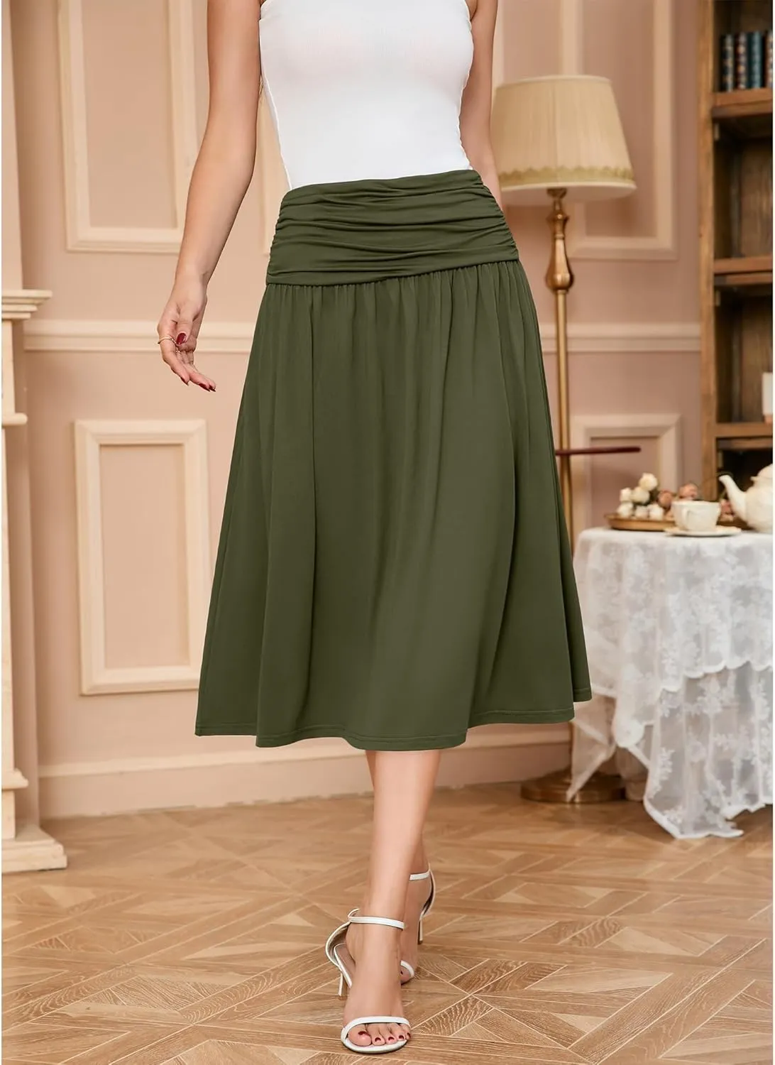 Women's Skirts Stretchy High Waist Flowy Knit Skirt for Women with Pockets(S-2XL)