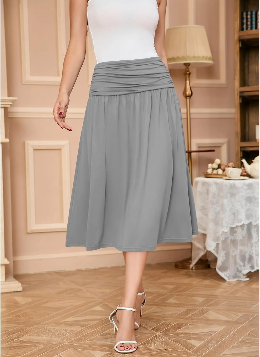Women's Skirts Stretchy High Waist Flowy Knit Skirt for Women with Pockets(S-2XL)