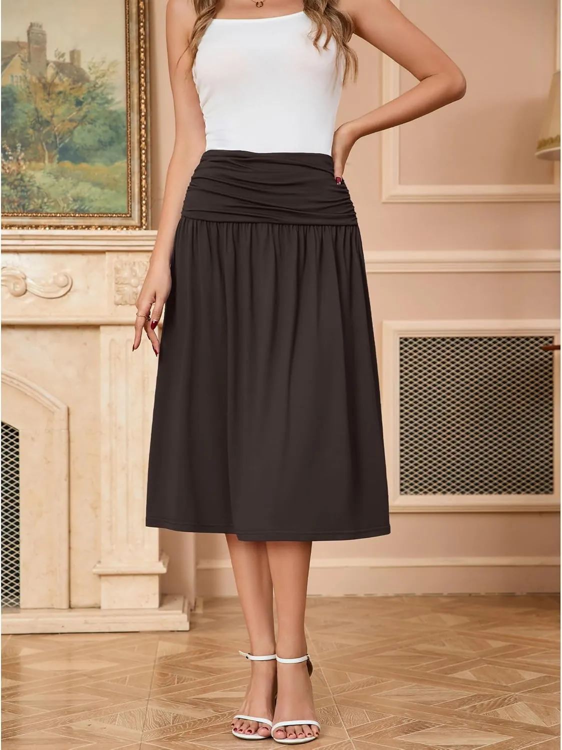 Women's Skirts Stretchy High Waist Flowy Knit Skirt for Women with Pockets(S-2XL)