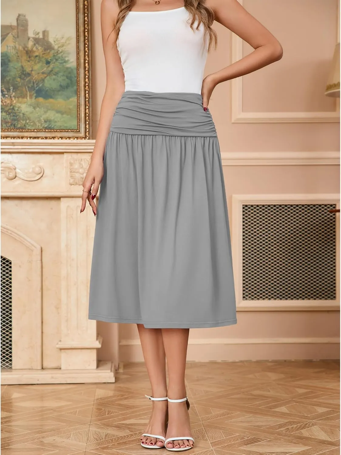 Women's Skirts Stretchy High Waist Flowy Knit Skirt for Women with Pockets(S-2XL)