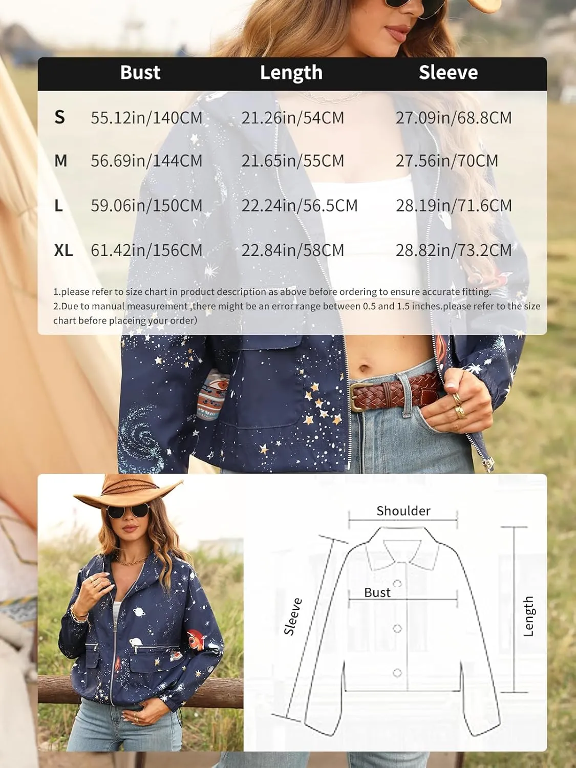 Women's Space Casual Hoodie Jacket Windbreaker Zip Up Long Sleeve Cropped Oversized Utility Anorak Coat with Pockets