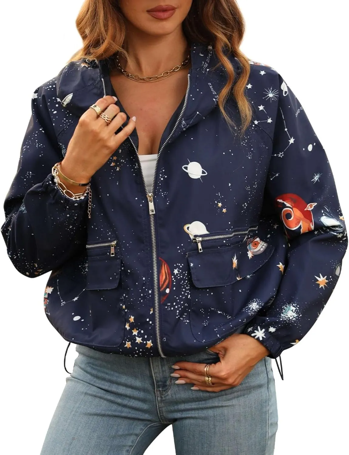 Women's Space Casual Hoodie Jacket Windbreaker Zip Up Long Sleeve Cropped Oversized Utility Anorak Coat with Pockets