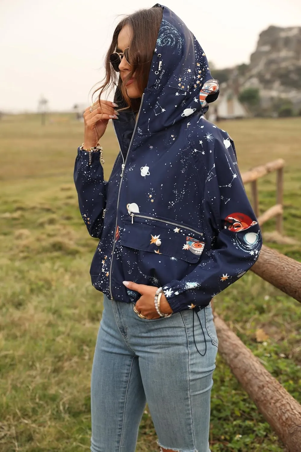 Women's Space Casual Hoodie Jacket Windbreaker Zip Up Long Sleeve Cropped Oversized Utility Anorak Coat with Pockets
