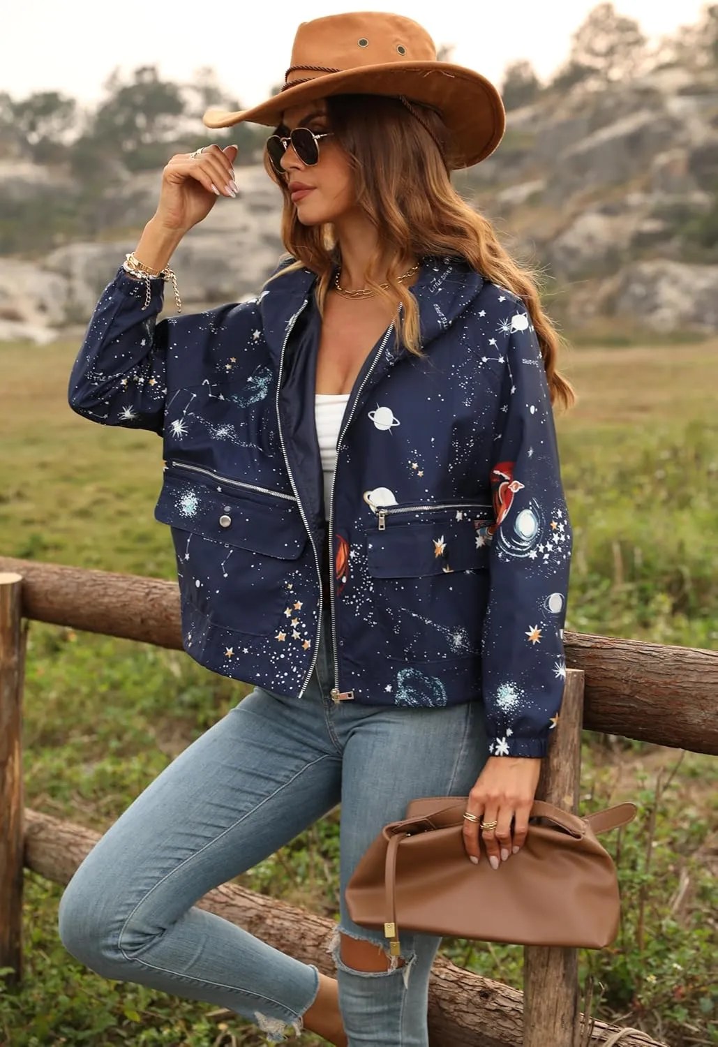 Women's Space Casual Hoodie Jacket Windbreaker Zip Up Long Sleeve Cropped Oversized Utility Anorak Coat with Pockets
