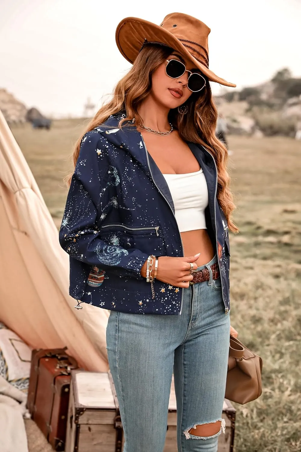 Women's Space Casual Hoodie Jacket Windbreaker Zip Up Long Sleeve Cropped Oversized Utility Anorak Coat with Pockets