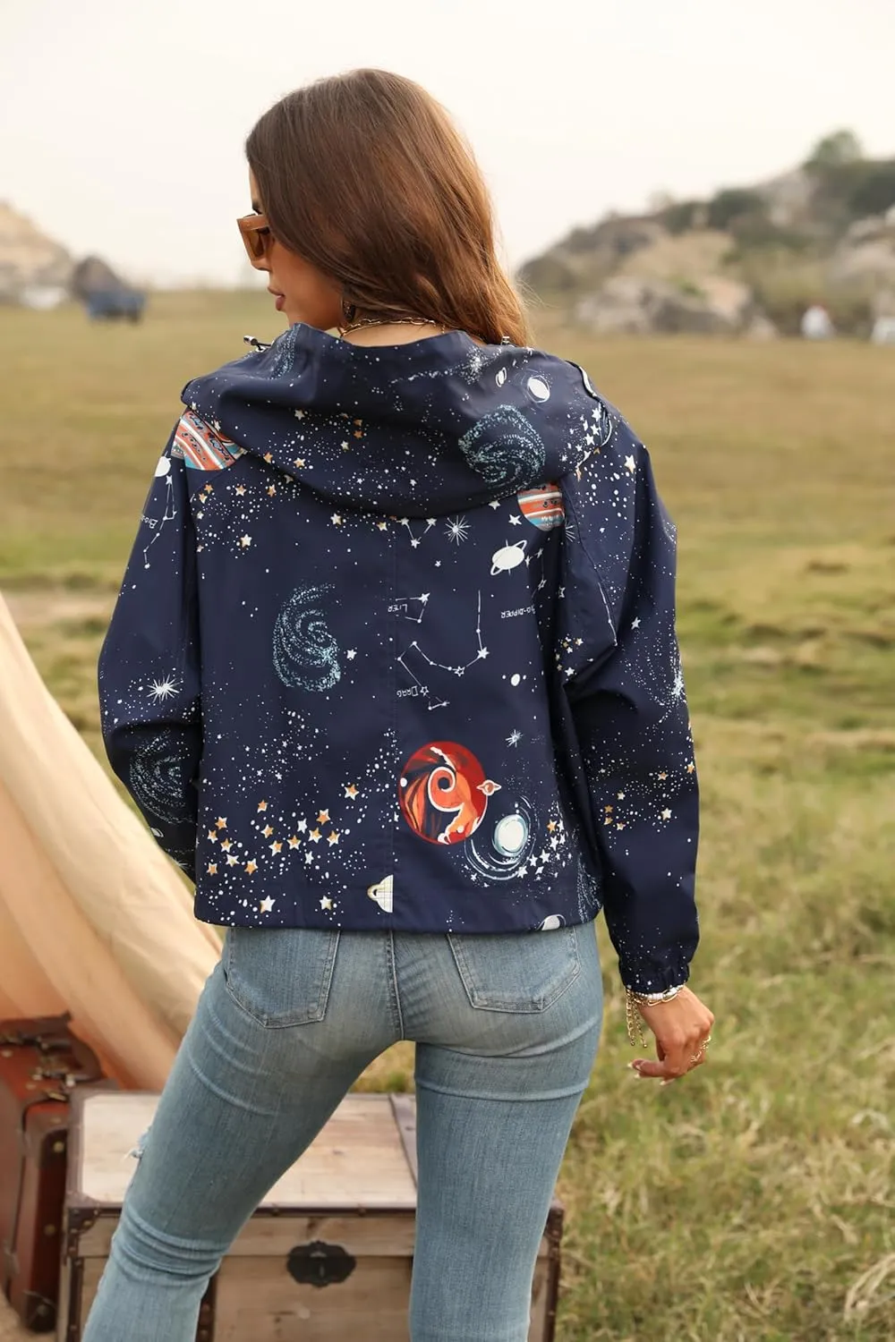 Women's Space Casual Hoodie Jacket Windbreaker Zip Up Long Sleeve Cropped Oversized Utility Anorak Coat with Pockets