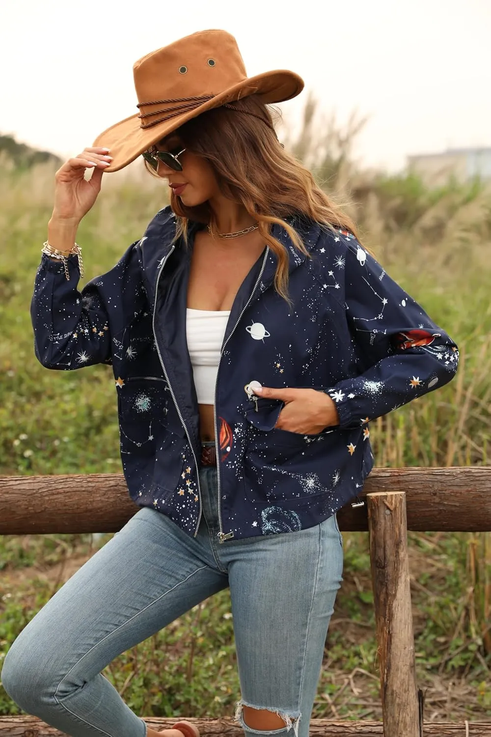 Women's Space Casual Hoodie Jacket Windbreaker Zip Up Long Sleeve Cropped Oversized Utility Anorak Coat with Pockets