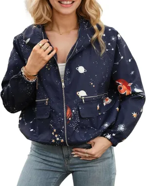 Women's Space Casual Hoodie Jacket Windbreaker Zip Up Long Sleeve Cropped Oversized Utility Anorak Coat with Pockets