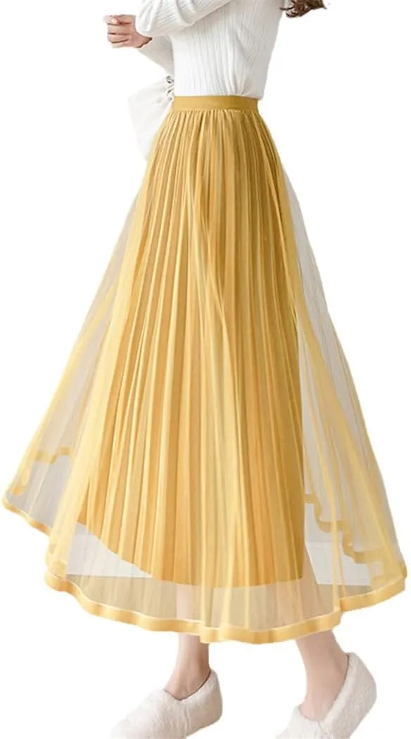 Women's Summer Pleated Skirt, Solid Color High Waist Midi Skirt, Spring Simple All-Match Midi Skirt