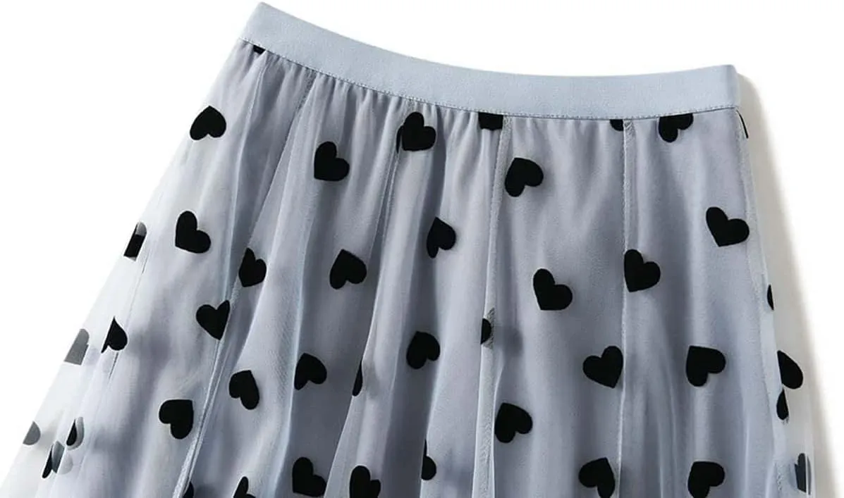 Women's Sweet Heart Print Elastic Waist Swing Dance Tulle Long Skirt