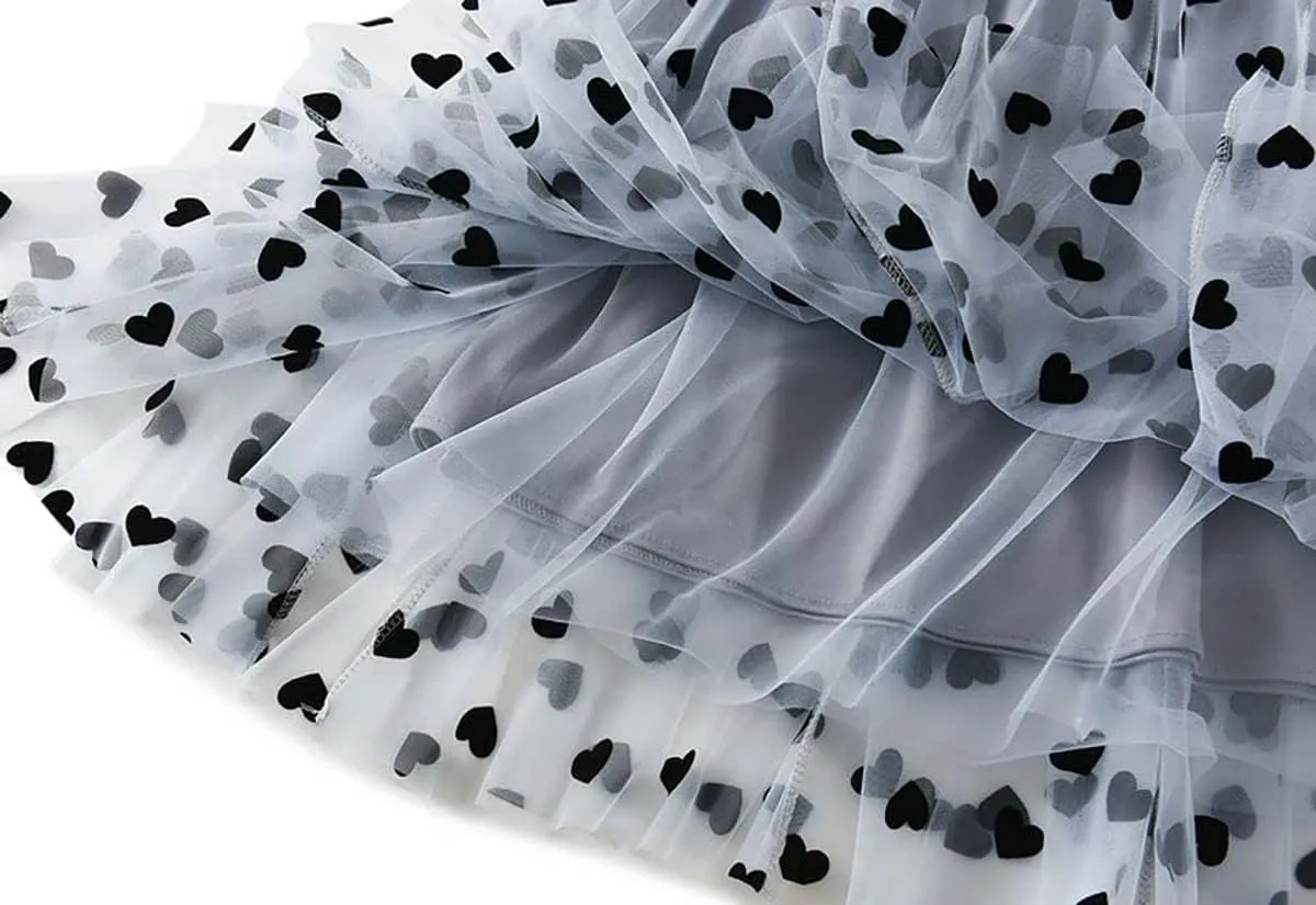 Women's Sweet Heart Print Elastic Waist Swing Dance Tulle Long Skirt