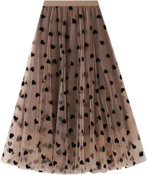 Women's Sweet Heart Print Elastic Waist Swing Dance Tulle Long Skirt