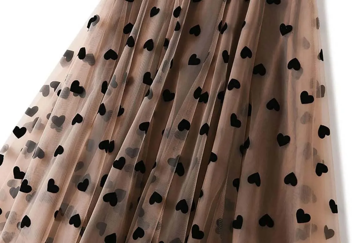 Women's Sweet Heart Print Elastic Waist Swing Dance Tulle Long Skirt