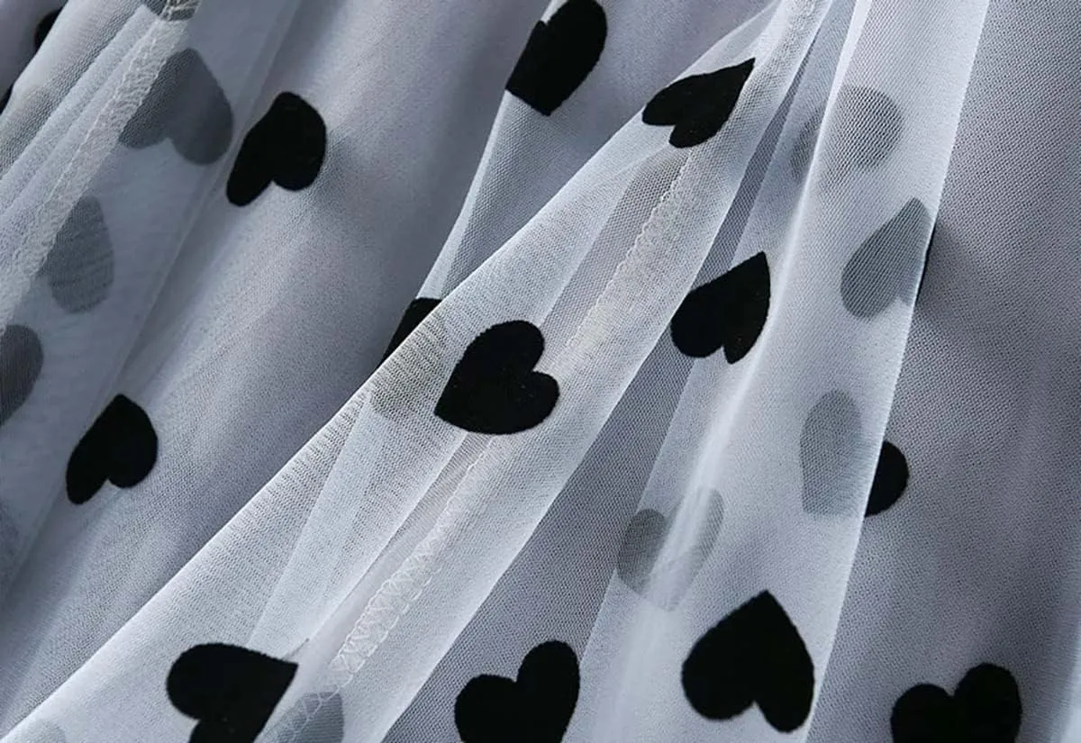 Women's Sweet Heart Print Elastic Waist Swing Dance Tulle Long Skirt