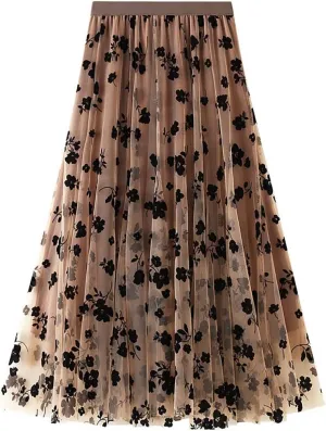 Women's Sweet Heart Print Elastic Waist Swing Dance Tulle Long Skirt