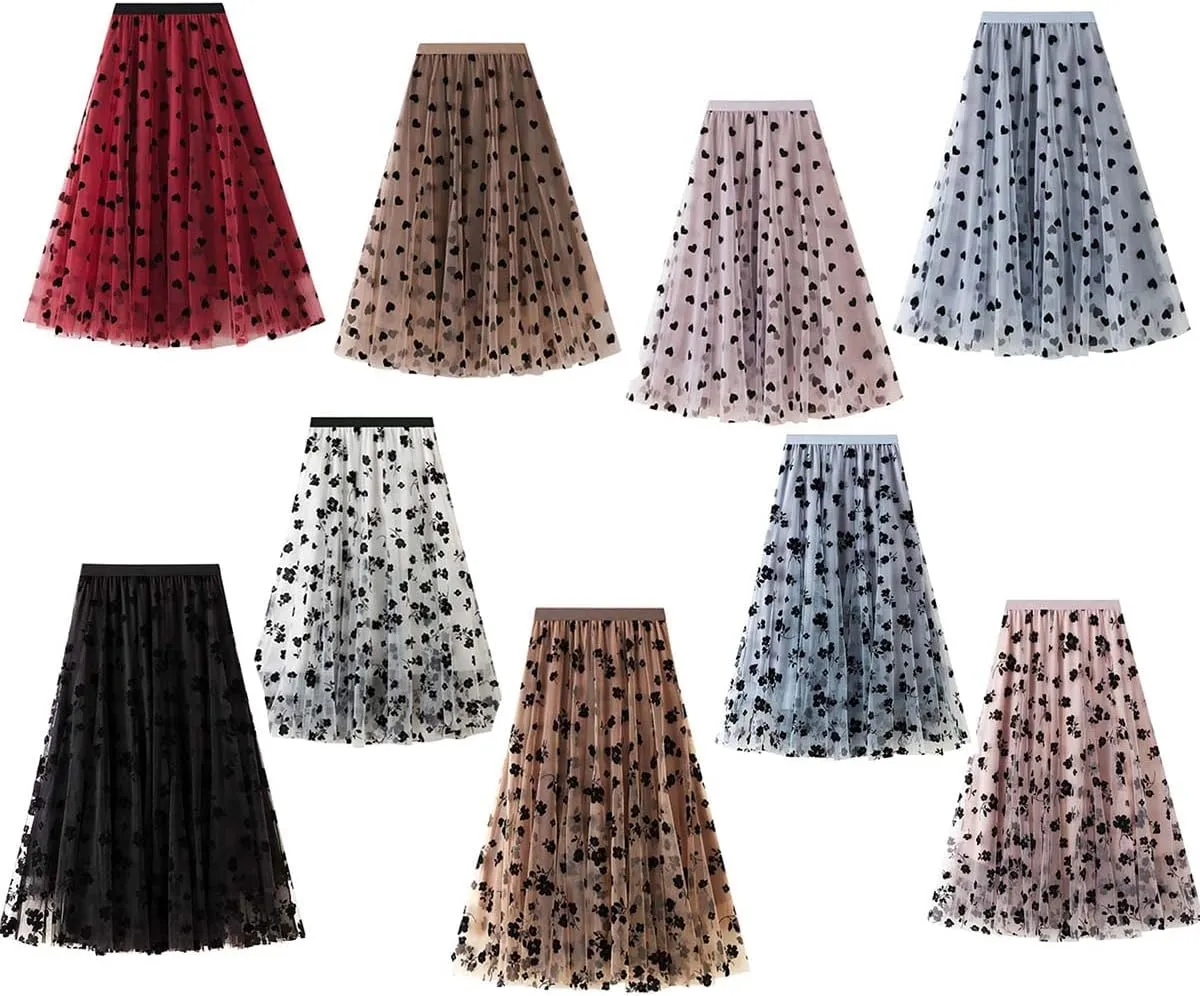 Women's Sweet Heart Print Elastic Waist Swing Dance Tulle Long Skirt