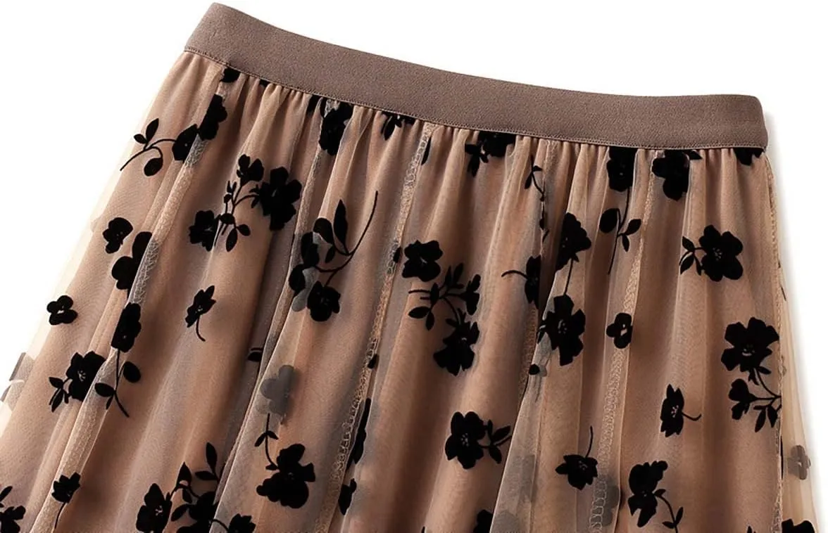 Women's Sweet Heart Print Elastic Waist Swing Dance Tulle Long Skirt